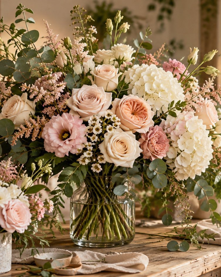 Großer Strauß aus Rosen, Hortensien, Eustoma und Eukalyptus in einer Glasvase auf einem Holztisch