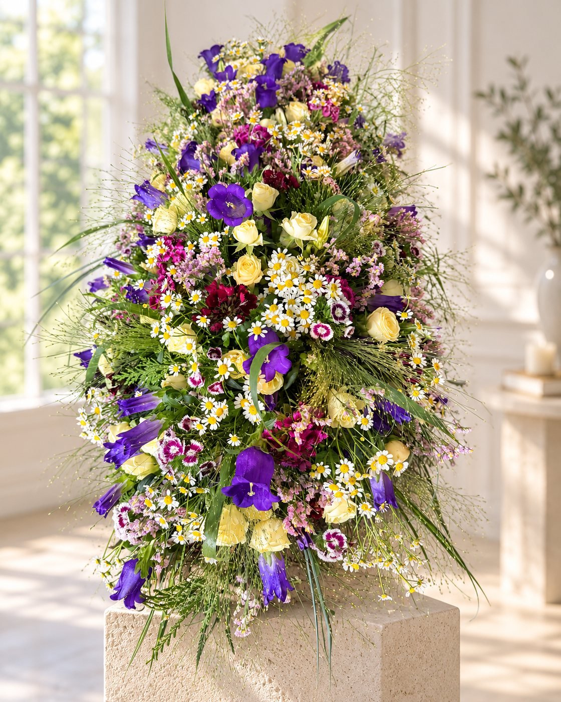 Sarggesteck mit Glockenblumen, Kamille, Bartnelken und gelben Rosen